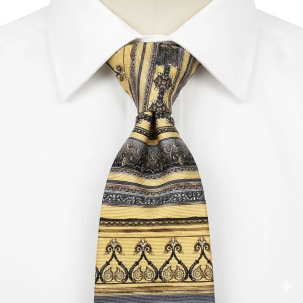 Roundtree & Yorke Silk Tie Baroque Gold Blue Ornate Handmade